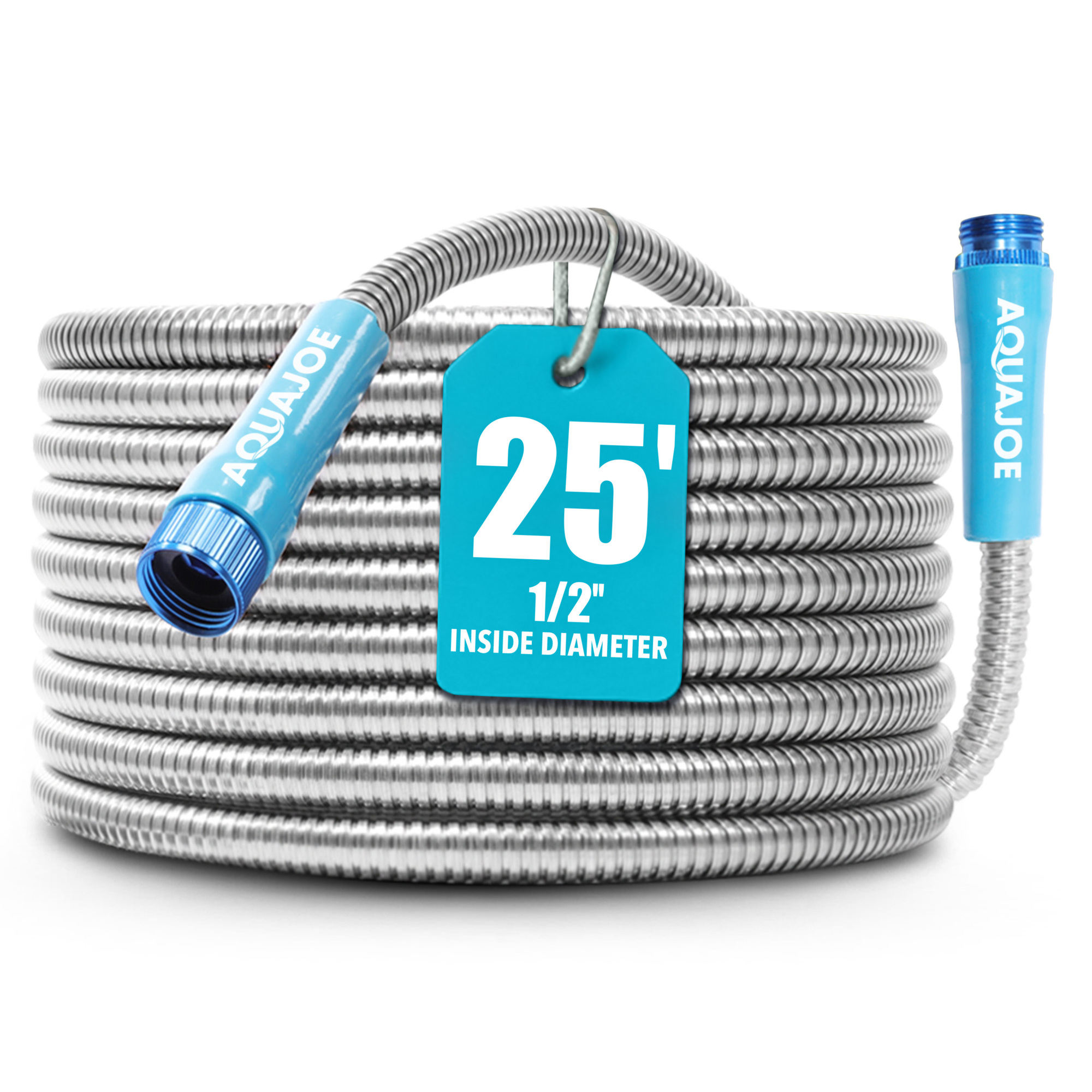 Aqua Joe Heavy-Duty Metal Garden Hose — 25ft., 304 Stainless Steel, 1/2in. dia., Spiral Constructed, Puncture Proof, Model# AJSGH25